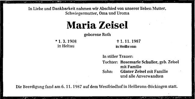 Roth Maria 1908-1987 Todesanzeige